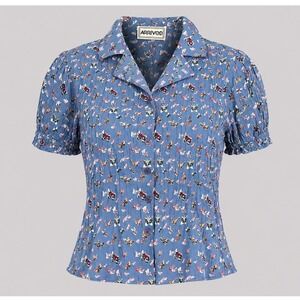 Arrived Vintage 90s Butterfly Print Pleated Blouse Blue Rayon Puff Sleeve Medium